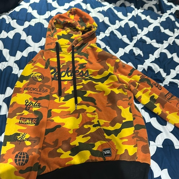 Y&R hoodie, orange, dark orange, yellow and black camouflage pattern. - Picture 1 of 1